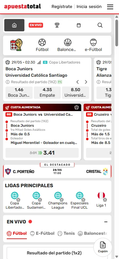 Apuestas deportivas en Apuesta Total con cuotas aumentadas y Copa Libertadores.