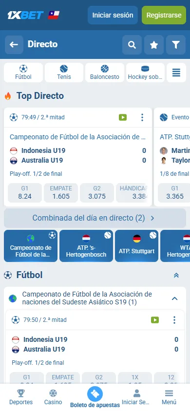 Sección de apuestas en vivo de 1xBet con eventos de diferentes deportes en directo.