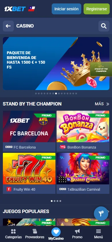 Lobby del casino 1xBet Chile con juegos populares y bono de bienvenida.