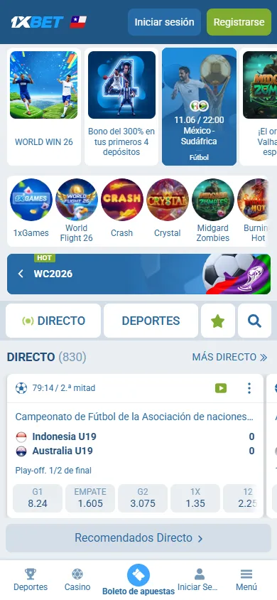 Inicio de 1xBet Chile con accesos a casino, deportes en vivo y WC2026.