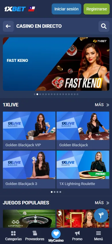 Casino en vivo de 1xBet con mesas de blackjack y ruleta.
