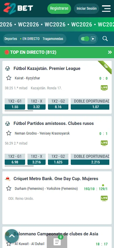 Eventos deportivos en directo en 22Bet, incluyendo fútbol y críquet.