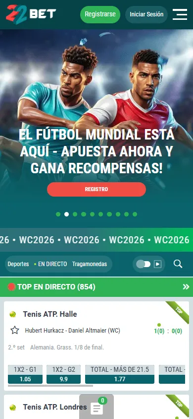 Página de inicio de 22Bet con banner del Mundial 2026 y eventos en directo.