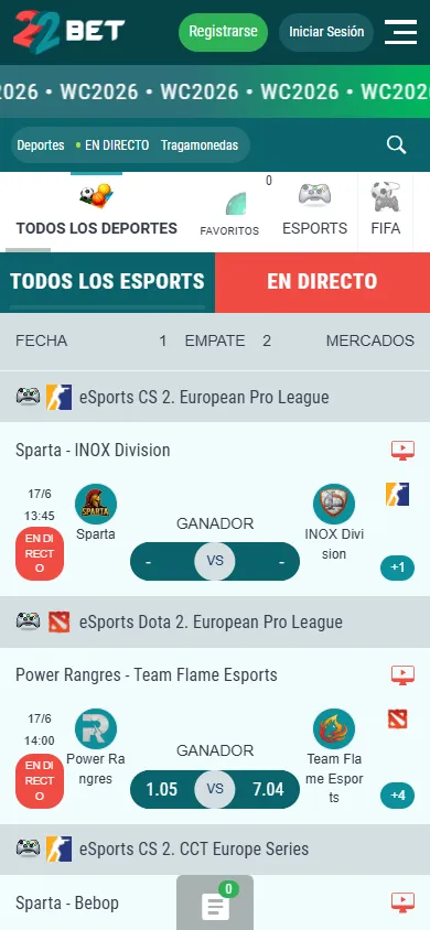 Sección de eSports en directo de 22Bet con partidos de CS2 y Dota 2.