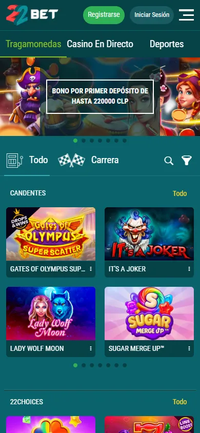 Catálogo de tragamonedas de 22Bet con bono de bienvenida destacado.