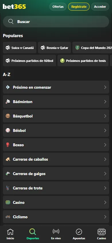 Menú de deportes de Bet365 Chile con partidos populares y categorías A-Z.