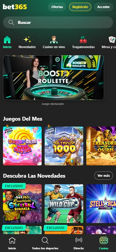 Página de inicio del casino online Bet365 Chile con tragamonedas destacadas.