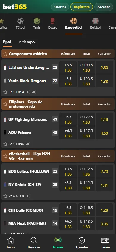 Mejores cuotas de básquetbol en vivo en Bet365 Chile.