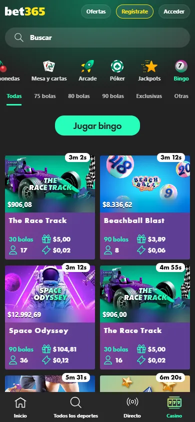 Salas de bingo en vivo disponibles en Bet365 Chile.