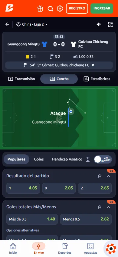 Estadísticas en vivo Betano cancha.