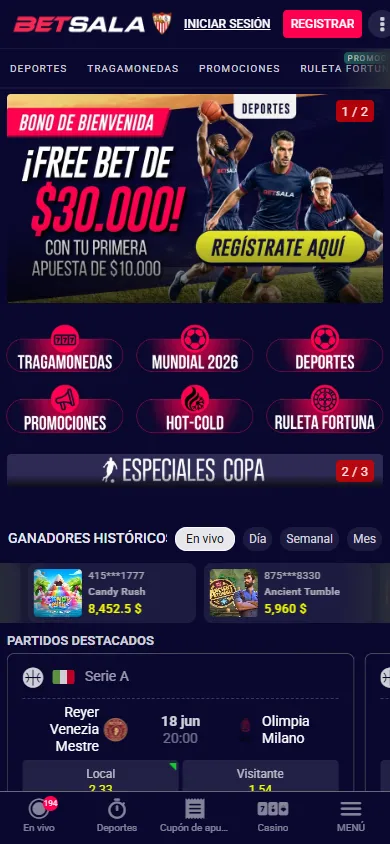 Página de inicio de Betsala con bono de bienvenida deportivo y accesos a Mundial 2026.