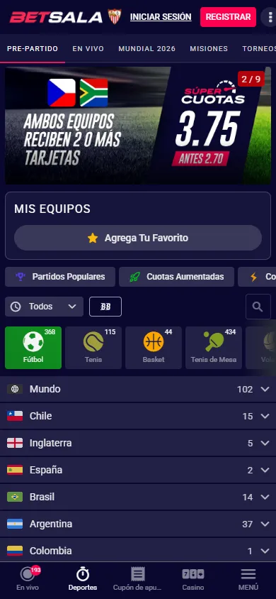 Sección de apuestas deportivas de Betsala con cuota aumentada y ligas por país.