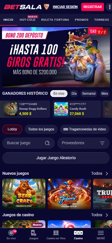 Página de inicio del casino de Betsala con bono de segundo depósito y juegos nuevos.
