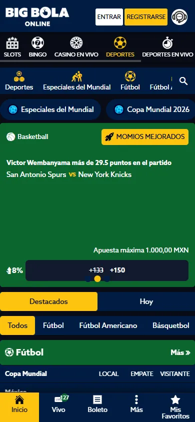 Apuestas deportivas Big Bola Online con momios mejorados Copa Mundial 2026
