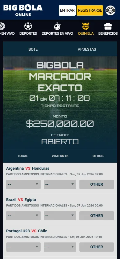 Quiniela Big Bola Marcador Exacto con bote de $250,000 MXN.