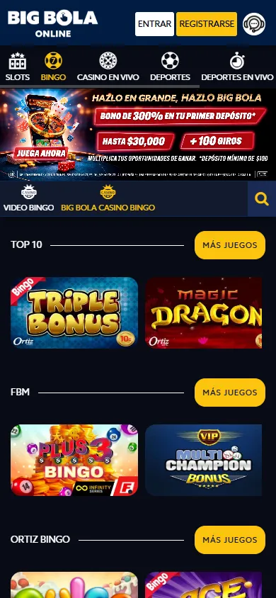 Bingo online Big Bola con Triple Bonus y Magic Dragon de Ortiz Gaming.