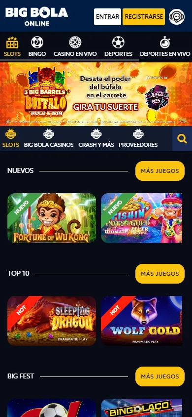 Lobby de Big Bola casino online con slots online propuestas.
