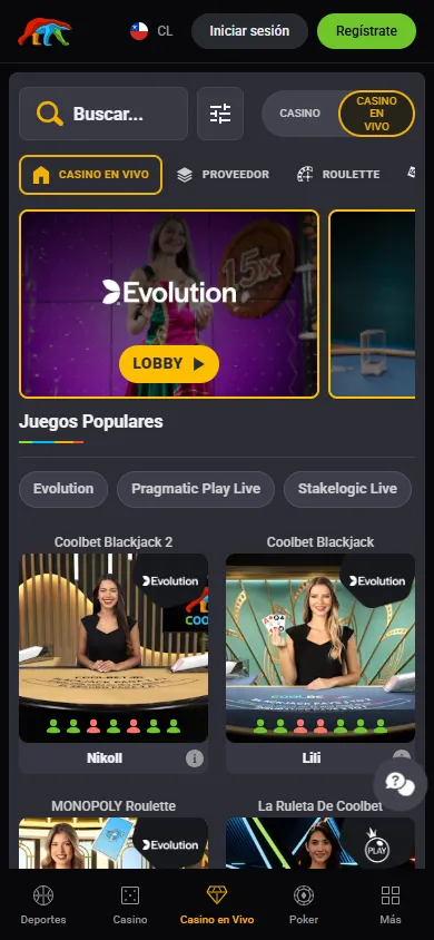 Casino en vivo Coolbet Chile.