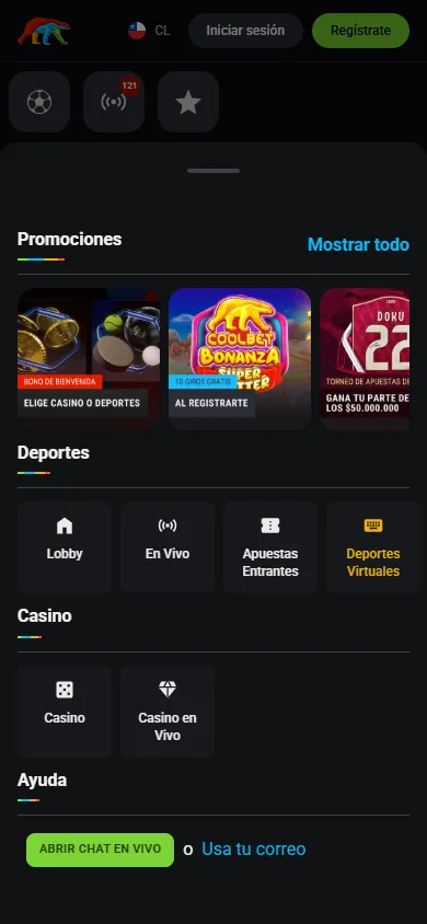 Promociones Coolbet Chile menú.