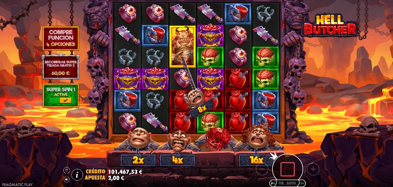 Compra de funciones, ante bet y bonus en el juego Hell Butcher.