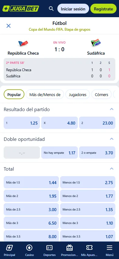 Apuestas en vivo de Jugabet para el partido República Checa contra Sudáfrica.