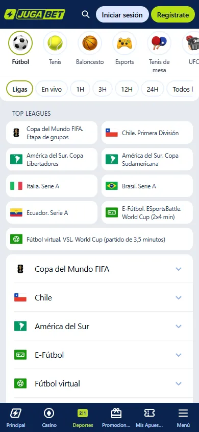 Sección de apuestas deportivas de Jugabet con ligas top y fútbol chileno.