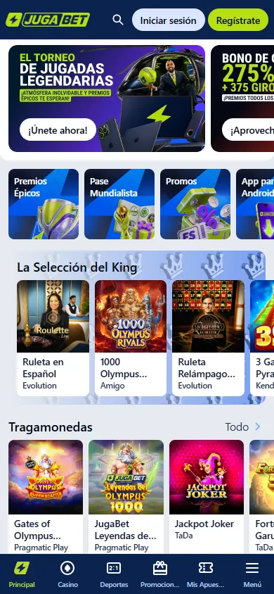 Página de inicio de Jugabet con torneo de jugadas y tragamonedas destacadas.