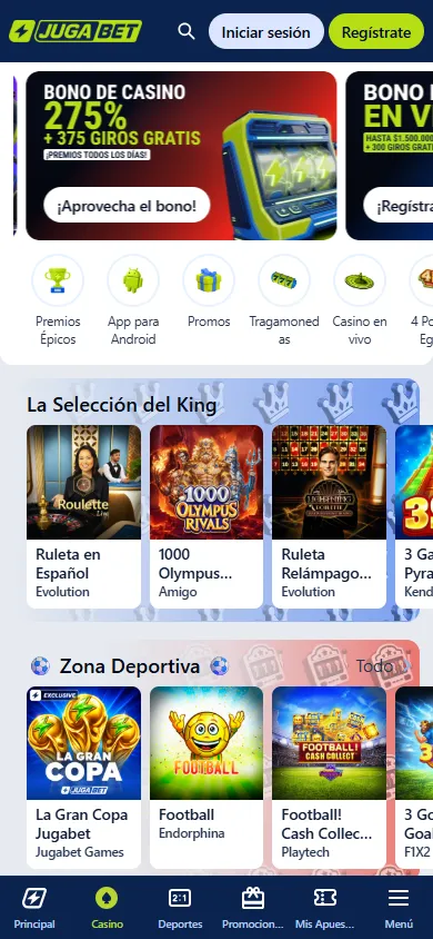 Página de inicio del casino de Jugabet con bonos de bienvenida y juegos destacados.