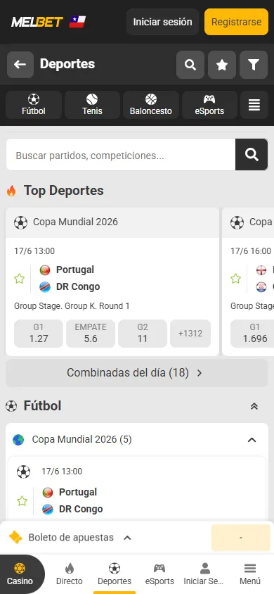 Sección de apuestas deportivas de MelBet Chile con cuotas de la Copa Mundial 2026.