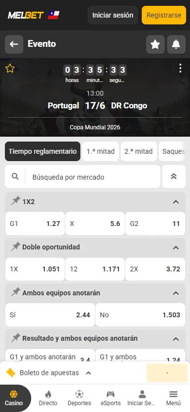 Mercados de apuestas y cuotas en directo para el partido Portugal contra RD Congo en MelBet.