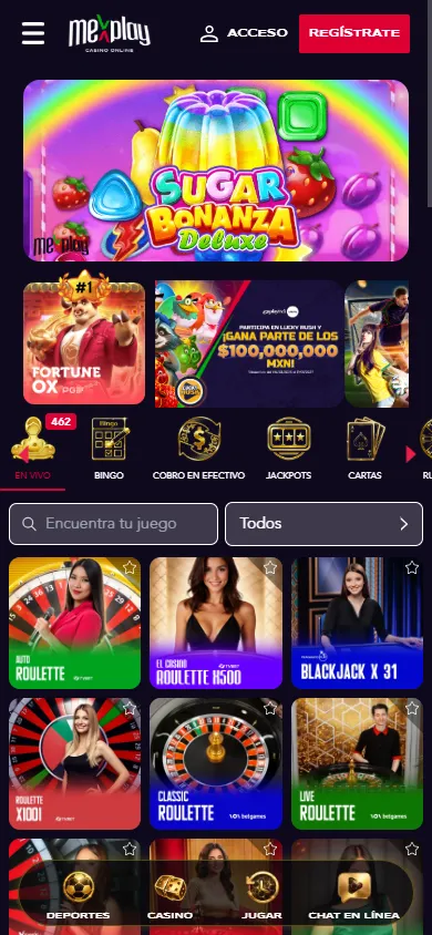 Sección de casino en vivo de Mexplay con ruleta y blackjack.