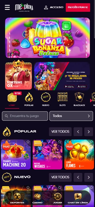 Lobby de casino online Mexplay con slots populares.