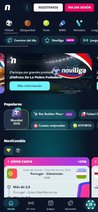 Apuestas deportivas Novibet Chile inicio.