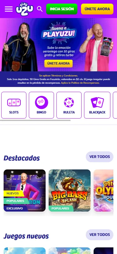 Página de inicio del casino PlayUZU México con bono de bienvenida.