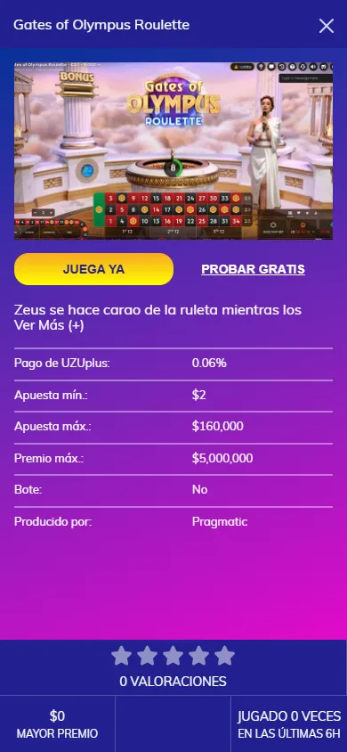 Detalle del juego Gates of Olympus Roulette en PlayUZU México.