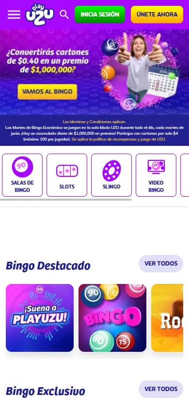 Sección de bingo en línea de PlayUZU México.
