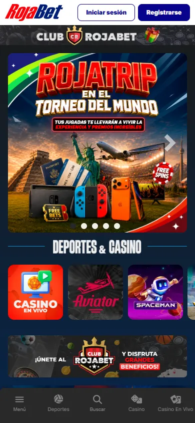 Página principal de RojaBet Chile con promoción RojaTrip y accesos a casino.
