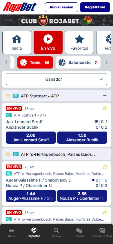 Apuestas deportivas en vivo en RojaBet con tenis y baloncesto.