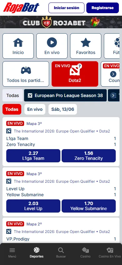 Apuestas en vivo de esports en RojaBet con partidas de Dota 2.