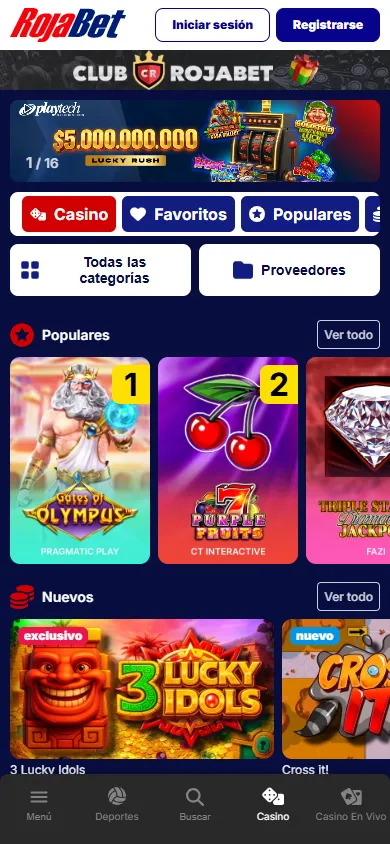 Lobby del casino RojaBet con juegos populares y nuevos.