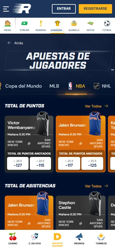 Apuestas de jugadores NBA en Rushbet México con props de Wembanyama y Brunson.
