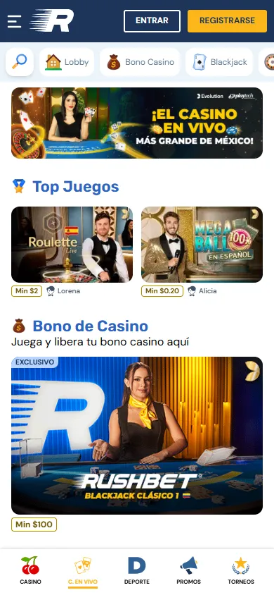 Casino en vivo Rushbet México con ruleta y blackjack exclusivo.
