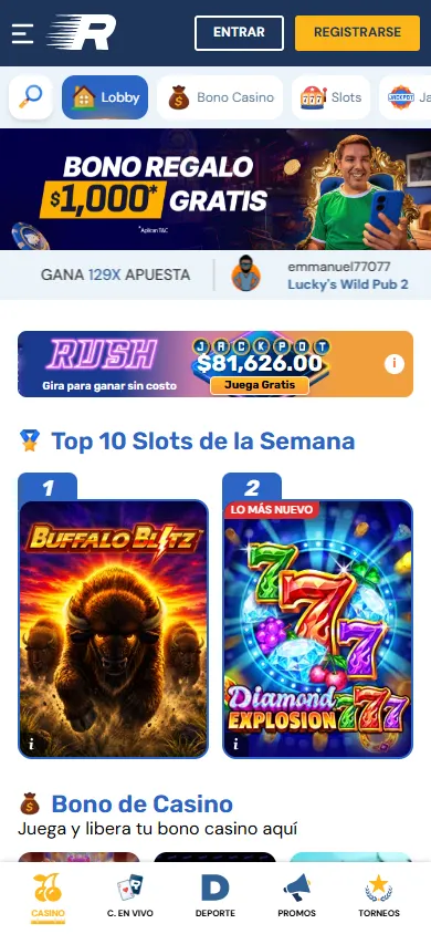 Casino online Rushbet México con bono de $1000 y jackpot de slots.