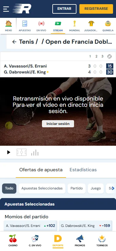 Retransmisión en vivo de tenis en Rushbet México con apuestas en directo.