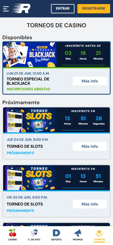 Torneos de slots y blackjack en Rushbet México.