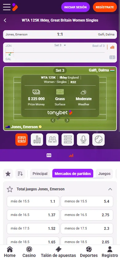 Partido de tenis en vivo en TonyBet con mercados de apuesta.