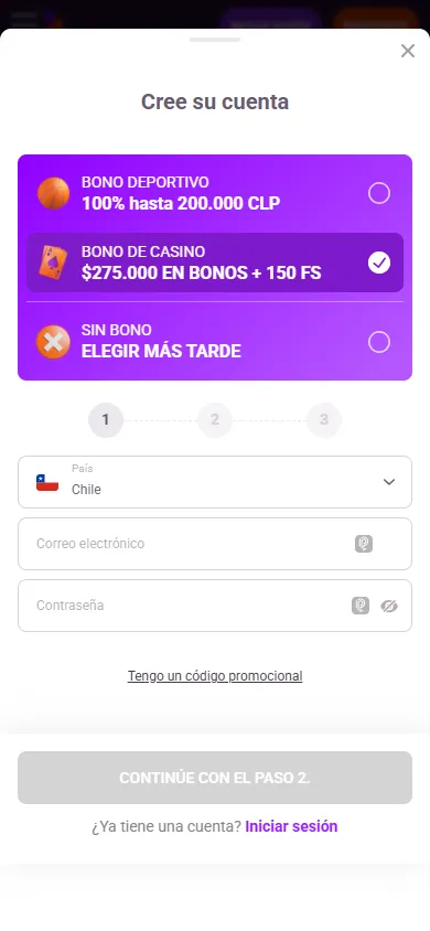 Registro en TonyBet Chile con selección de bono de bienvenida.