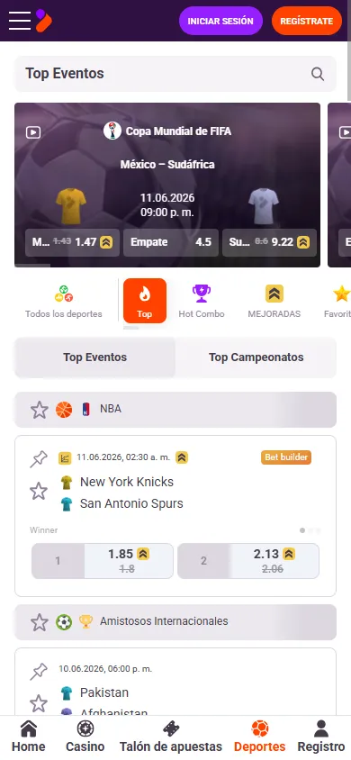 Sección de deportes TonyBet con eventos y cuotas en vivo.