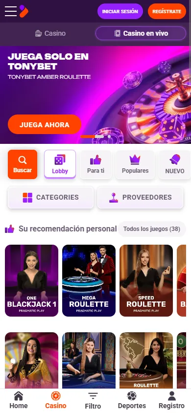 Casino en vivo de TonyBet con ruletas y blackjack.