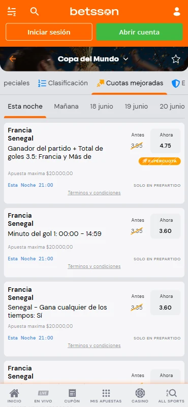probabilidades mejoradas apuestas en línea betsson chile